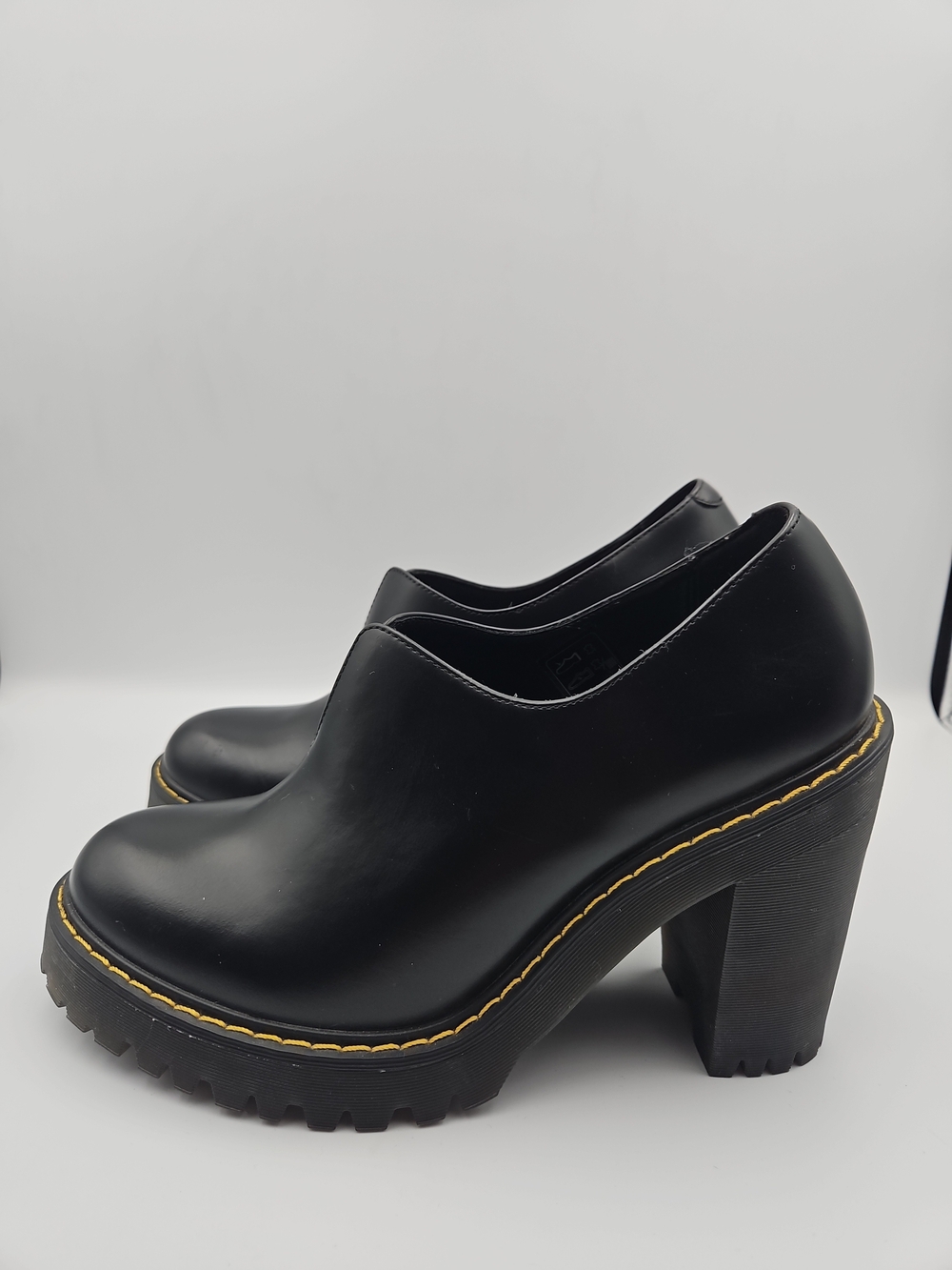 Dr. Martens Black Platform Heel Shoes with Yellow Stitching